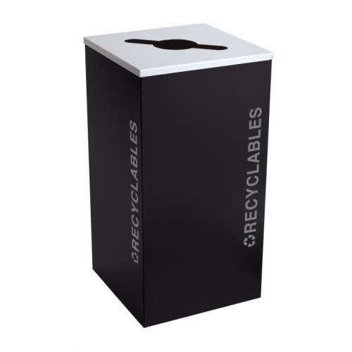 Black Tie series KD 24 gal recycling receptacle, comingle opening, silver RECYCLABLES decals, platinum lid, pebble black body
