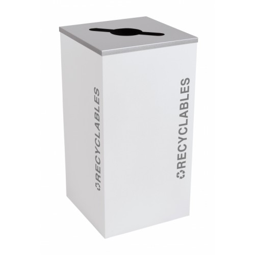 Black Tie series KD 24 gal recycling receptacle, comingle opening, silver RECYCLABLES decals, platinum lid, white gloss body