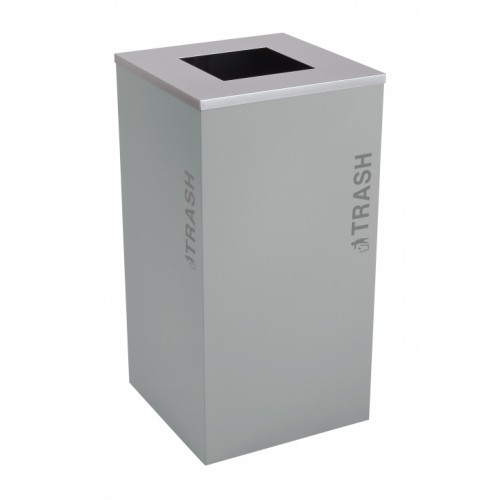 Black Tie series KD 24 gal recycling receptacle, square opening, silver TRASH decals, platinum lid, hammered grey body
