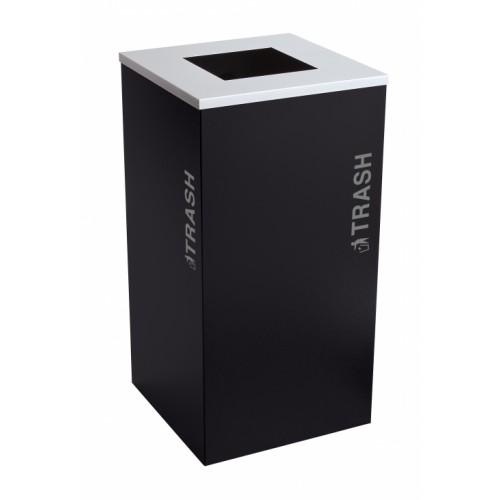 Black Tie series KD 24 gal recycling receptacle, square opening, silver TRASH decals, platinum lid, pebble black body