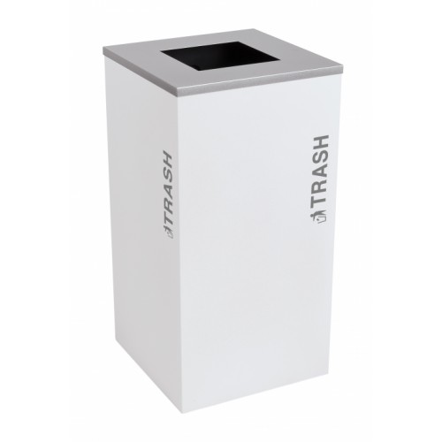 Black Tie series KD 24 gal recycling receptacle, square opening, silver TRASH decals, platinum lid, white gloss body
