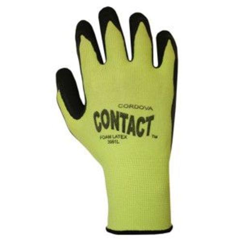 CONTACT, 13-GAUGE, HI-VIS GREEN NYLON SHELL, BLACK FOAM LATEX PALM COATING