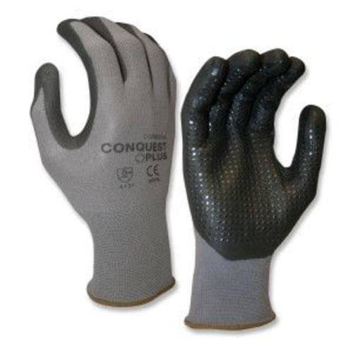CONQUEST PLUS, PREMIUM, GRAY NYLON/SPANDEX SHELL, BLACK FOAM NITRILE/PU PALM COATING, BLACK NITRILE DOTS