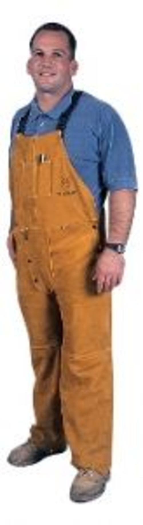 LEATHER COWHIDE  Bourbon brown premium side split cowhide overalls. Heavy duty crossed back straps for comfort. Plastic side release buckles in back and down legs for easy on/off.