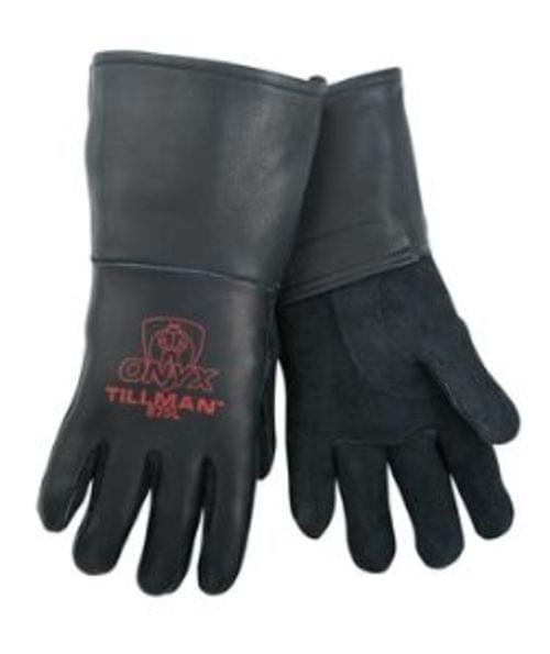 STICK ELKSKIN All black top grain elkskin stays softer longer in heat applications. Straight thumb with added reinforcement.
