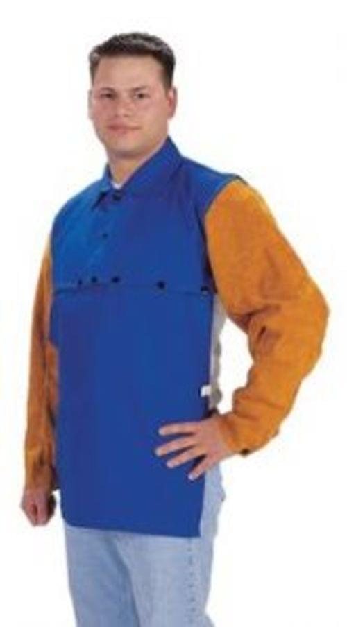 COTTON/LEATHER FLAME RETARDANT FR7A/COWHIDE Combination cape sleeve. Upper torso made from royal blue 9 oz.., 100% cotton FR7A