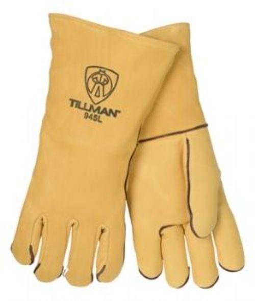 STICK ELKSKIN 14-inch, 100% gold elk. Wool lined for high heat or cold weather welding. Welted fingers protect stitching. Lock stitched with Kevlar thread for added strength.