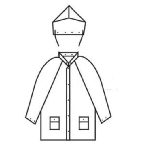 Rain jacket, yellow, .35mm PVC/polyester, reinforced joints, jacket w/detached hood and corduroy collar, underarm air vents, cape-vented back, zipper front w/storm-fly front snaps''