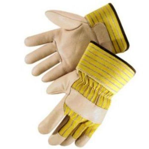 Quality grain pigskin leather gunn pattern work glove, leather palm, finger tips & knuckle strap, yellow striped back & 2-1/2 inch rubberized safety cuff, size L