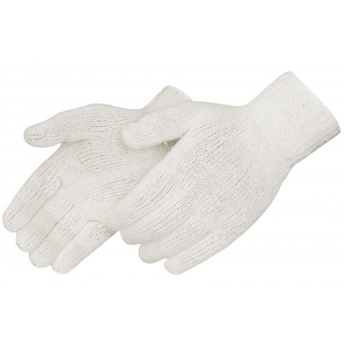 Standard weight string knit gloves, natural white cotton/polyester, seamless, reversible pattern, knit wrist, size Large