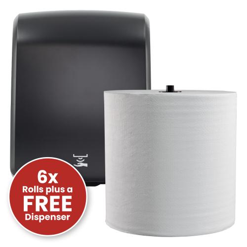 Hard Roll Towel x 6 rolls, White, 8" x 1000' White Green Seal Certified. 6rl/carton with Free Dispenser