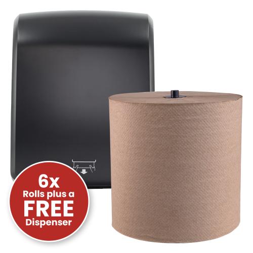 Hard Roll Towel x 6 rolls, Brown, 7.9"x1000 Green Seal Certified with Free Dispenser