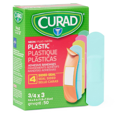 CURAD® Neon Plastic Adhesive Bandages – 3/4" × 3" (Box of 50)