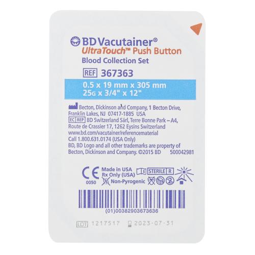BD Vacutainer® UltraTouch™ Push Button Blood Collection Set, 25G x .75" (12" Tubing) - Box of 50 = 150-367363