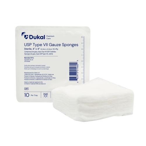 Dukal Premium Care Sterile USP Type VII Gauze Sponges, 12-Ply - 4" x 4" (Tray of 10)