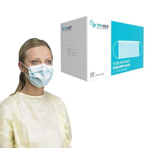 PRIMED PG4-1263 Level 3 Procedure Earloop Face Mask Blue 3-Ply With Filter 50/Box