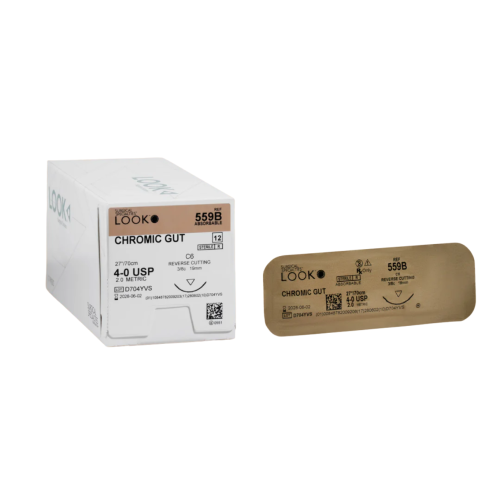 Look X557B Chromic Gut Reverse Cutting Sutures - 5-0, 27 C6, 3/8 Circle 19mm, 12/Pk