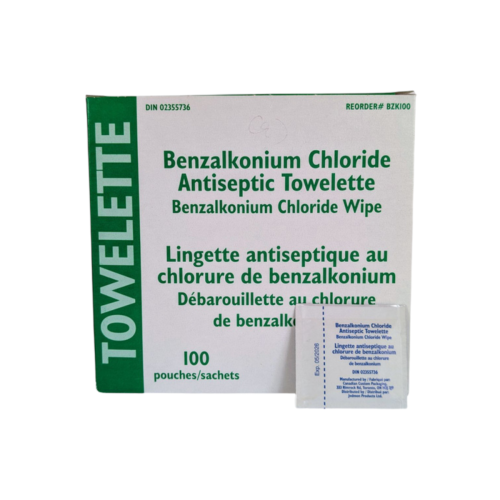 Benzalkonium Chloride (BZK) Antiseptic Towelettes - Box of 100