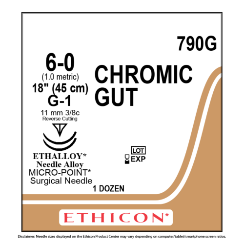 Ethicon 790G Surgical Chromic Gut Suture, 6-0, 18" - Box of 12