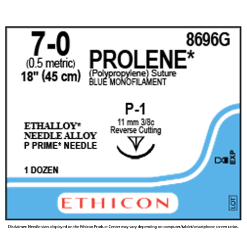 Ethicon PROLENE® Polypropylene Suture - 7-0, 18", P-1 Needle, Blue (Box of 12)