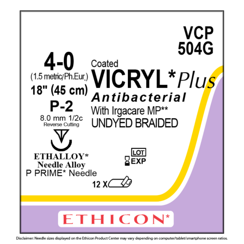 Ethicon VCP504G COATED VICRYL® Plus Antibacterial (polyglactin 910) Suture, 4-0, 18" - Box of 12