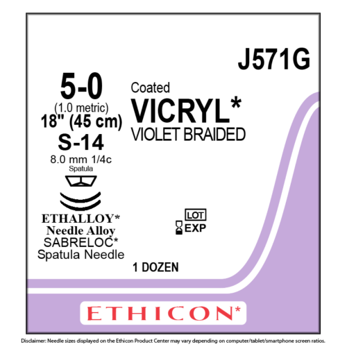 Ethicon J571G COATED VICRYL® (polyglactin 910) Suture, 5-0, 18" - Box of 12