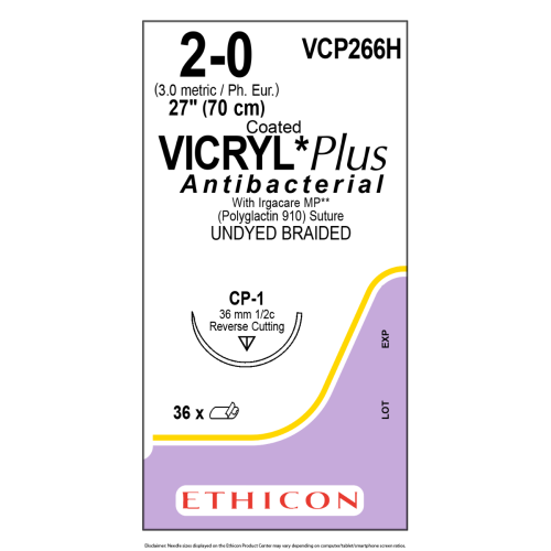 Ethicon COATED VICRYL® Plus Antibacterial Suture, 2-0, Undyed, CP-1 Needle – Box of 36
