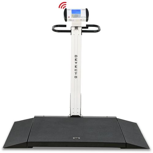 <p>DETECTO’s 6550 portable wheelchair scales offer time-saving and patient comfort benefits. The 6550 features 1,000 lb / 450 kg capacity, optional Wi-Fi for EMR/EHR, vertical fold-up storage, two-way built-in ramps for accessibility from both sides, large 32 in x 36 in / 81 cm x 91 cm platform, clinical-grade accuracy to 0.2 lb / 0.1 kg, battery or AC power, and up to 99 tares (optional) to store wheelchair weights for efficient patient weighing. The ramps rest on the floor for easier patient access. With only one hand you can quickly slide the release lever and fold down the 6550’s column down for easy transport or vertical storage. The platform is only 2.2 inches/56 mm high for easy patient accessibility and comfort while weighing either standing or in a wheelchair. Enjoy the time-saving benefits of this scale, by using the convenient pushbutton or keypad tare to remove the wheelchair weight.</p>
<p><strong>Features</strong></p>
<ul>
<li>1000 lb/450 kg Capacity</li>
<li>2-Way Easy Access Ramps</li>
<li>6 C Batteries (Not Included)</li>
<li>BMI Calculation</li>
<li>Easily-Collapsible Column with Quick Release Lever</li>
<li>EMR/EHR Ready</li>
<li>Integral Wheels Ease Transport</li>
<li>Low-Profile 2 inch/56 mm High Platform</li>
<li>OIML EC Class III Model Available</li>
<li>Ramps Rest On Floor for Easier Patient Access</li>
<li>Single-Pass Weighing with Keypad and Pushbutton Tare</li>
<li>Spacious 32 in x 36 in / 81 cm x 91 cm Platform</li>
<li>Vertical Mode for Transport and Storage</li>
<li>Wi-Fi and Ethernet Optional</li>
</ul>
<p><strong>Specifications</strong></p>
<ul>
<li><strong>6550 Capacity:</strong> 1,000 lb x 0.2 lb / 450 kg x 0.1 kg</li>
<li><strong>Platform Size:</strong> 32 in x 36 in x 2.2 in / 81 cm x 91 cm x 5.6 cm</li>
<li><strong>Ramp Size:</strong> 36 in (91.4 cm) W x 7.9 in (20.2 cm) L each</li>
<li><strong>Cable Length:</strong> 6 ft / 1.8 m coiled cable, 14 ft / 4.2 m fully extended (from scale to indicator)</li>
<li><strong>Power: </strong>Optional model MV1PWR AC adapter or 6 C batteries (not included)</li>
<li><strong>LCD Display Dimensions: </strong>3.5 in W x 3 in H / 89 mm W x 76 mm H backlit blue LCD</li>
<li><strong>Keypad: </strong>19 key, color-coded, sealed membrane</li>
<li><strong>Connectivity: </strong>RS232 serial, USB and optional wired and Wi-Fi Ethernet</li>
<li><strong>Operating Temperature:</strong> 14 to 104 ºF / -10 to +40 ºC</li>
<li><strong>Net Weight:</strong> 100 lb / 45 kg</li>
<li><strong>Shipping Weight:</strong> 120 lb / 54 kg</li>
<li><strong>Country of Origin:</strong> USA</li>
<li><strong>UPC Code:</strong> 809161139204</li>
<li><strong>Resolution: </strong>5,000 divisions, max.</li>
<li><strong>Display: </strong>5 digit, 7 segment, 7/8 inch (22.23 mm) high LCD weight digits</li>
</ul>