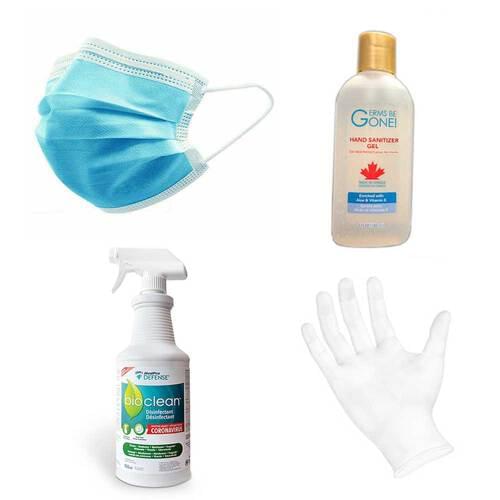 Wellness Kit #3 - 1 Box of Medical Masks, 1 148 mL Bottle of Hand Sanitizer, 1 Bioclean Spray, and 1 Box Medium Vinyl Gloves