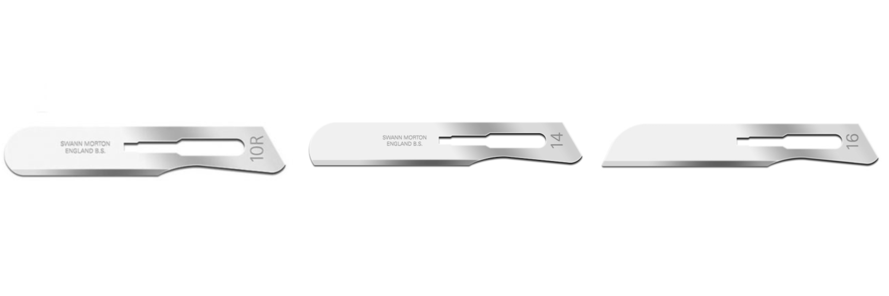 Side-by-side comparison of dermaplaning blade sizes 10R, 14, and 16