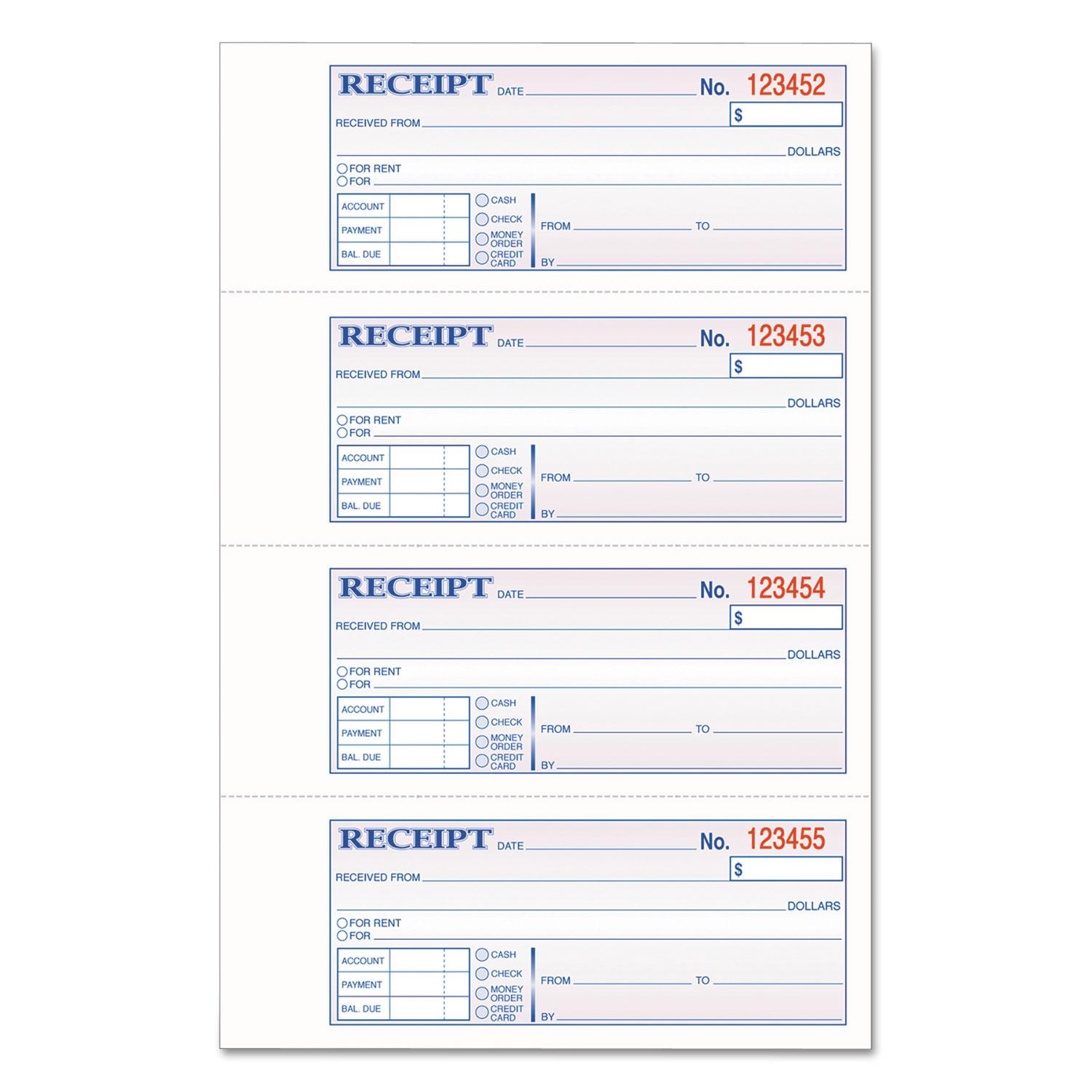 TOPS 3-Part Hardbound Receipt Book, Three-Part Carbonless, 7 x 2.75, 4 Forms/Sheet, 200 Forms Total (Adams)