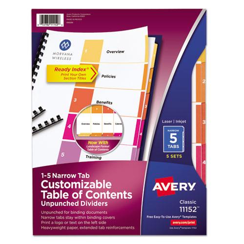 Ready Index Customizable Table of Contents Unpunched Dividers with Narrow Tabs, 5-Tab, 1 to 5, 11 x 8.5, Assorted Tab, 5 Sets