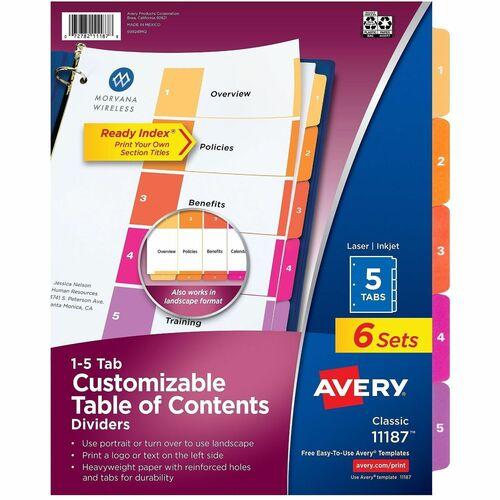 Customizable Toc Ready Index Multicolor Dividers, 5-Tab, Letter, 6 Sets