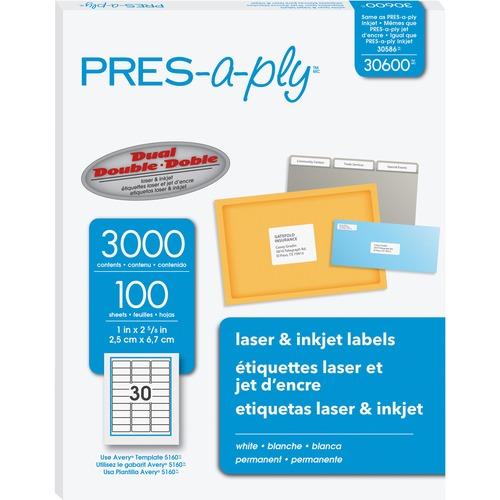 Labels, Laser Printers, 1 X 2.63, White, 30/Sheet, 100 Sheets/Box