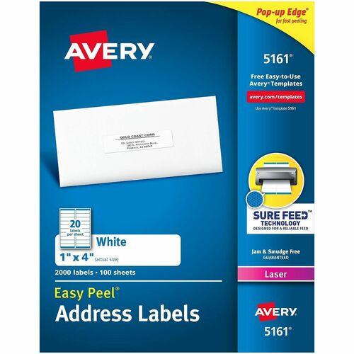 Easy Peel White Address Labels W/ Sure Feed Technology, Laser Printers, 1 X 4, White, 20/Sheet, 100 Sheets/Box