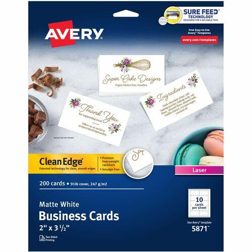 Clean Edge Business Cards, Laser, 2 X 3.5, White, 200 Cards, 10 Cards/Sheet, 20 Sheets/Pack