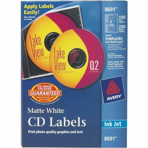Inkjet Cd Labels, Matte White, 100/Pack