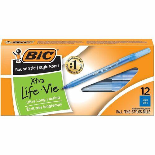 Round Stic Xtra Life Ballpoint Pen, Stick, Medium 1 Mm, Blue Ink, Translucent Blue Barrel, Dozen