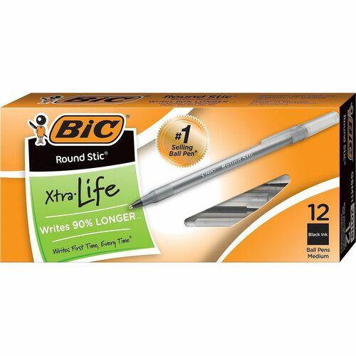 Round Stic Xtra Life Ballpoint Pen, Stick, Medium 1 Mm, Black Ink, Smoke Barrel, Dozen