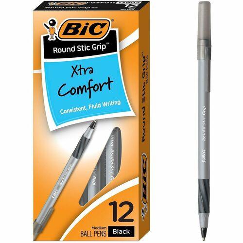 Round Stic Grip Xtra Comfort Ballpoint Pen, Easy-Glide, Stick, Medium 1.2 Mm, Black Ink, Gray/Black Barrel, Dozen