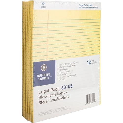 Business Source Micro-Perforated Legal Ruled Pads - 50 Sheets - 0.34" Ruled - 16 lb Basis Weight - 8 1/2" x 11 3/4" - Canary Paper - Micro Perforated, (S.P. Richards)