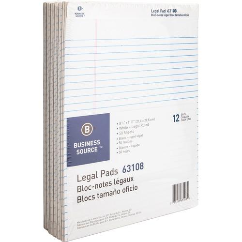 Business Source Micro-Perforated Legal Ruled Pads - 50 Sheets - 0.34" Ruled - 16 lb Basis Weight - 8 1/2" x 11 3/4" - White Paper - Micro Perforated, (S.P. Richards)