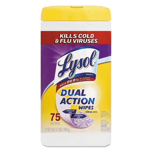 Lysol Dual Action Disinfecting Wipes, Citrus, 7 x 7.5, 75/Canister