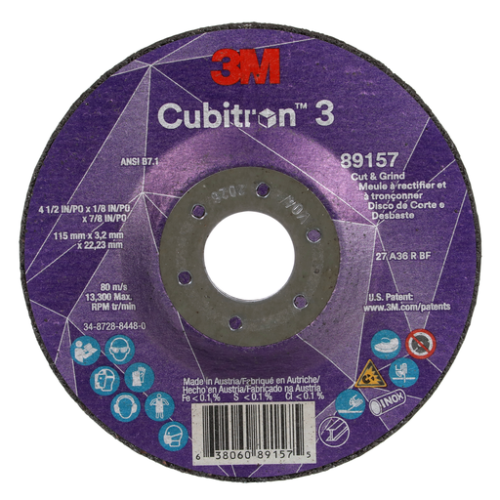 3M™ Cubitron™ 3 Cut and Grind Wheel, 89157, 36+, T27, 4-1/2 in x 1/8 in x 7/8 in (115 x 3.2 x 22.23 mm), ANSI, 10/Pack, 20 ea/Case