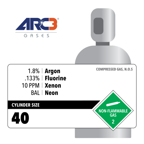Argon 1.8%  Fluorine .133% Xenon 10 PPM Balance Neon Specialty Gas Mix size 40 RFO