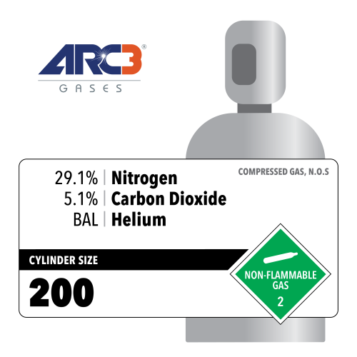Nitrogen 29.1%  Carbon Dioxide 5.1% Balance Helium Specialty Gas Mix size 200