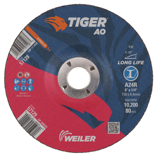 6" x 1/4" TIGER AO Type 27 Grinding Wheel, A24R, 7/8" A.H.