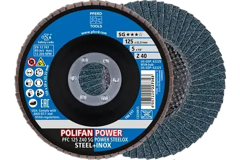 PFERD Polifan Flap Disc, 4" x 3/8-24, 120 Grit, T27, Flat, Zirconia