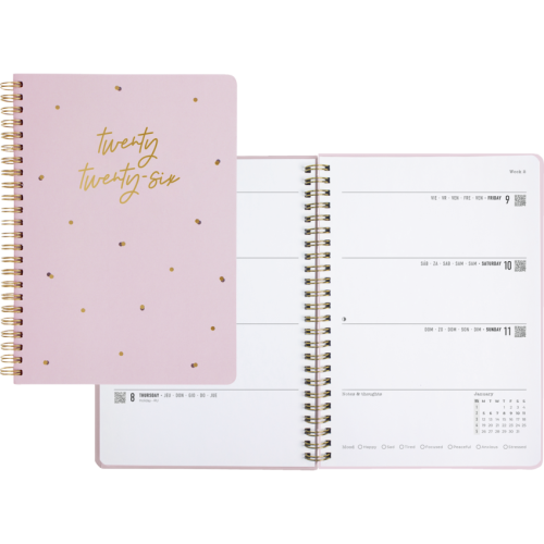 Letts Celebrate Weekly Planner - Pink/Gold - Weekly - January - December - Twin Wire - Pink, Gold - Golden Cover8.3" Width - Ruled Planning Space, Durable Cover, Storage Pocket, Multilingual, Laminated, Hard Cover - 1 Each