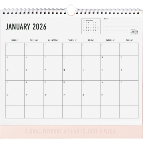 Letts Conscious Monthly Wall Calendar - Rosewater - Monthly - 12 Month - January - December - 1 Day, 1 Month Single Page Layout - Wire Bound - Rose, White - Polyester - 11.8" Height x 10.6" Width - Eyelet, Notes Area - 1 Each